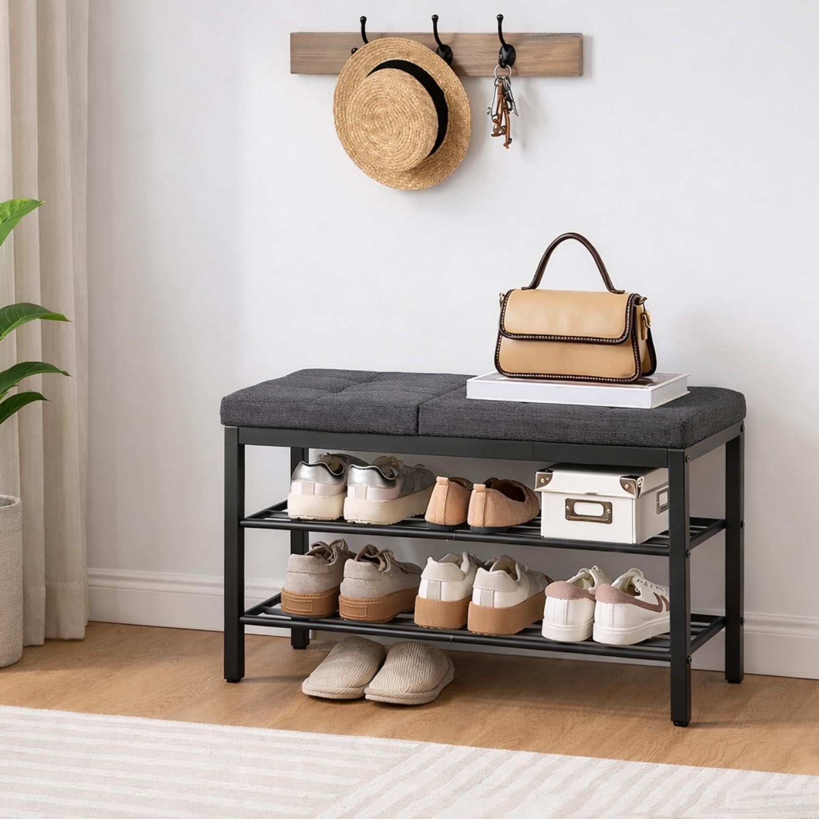 HOOBRO shoe bench side view reveals compact footprint for tight spaces