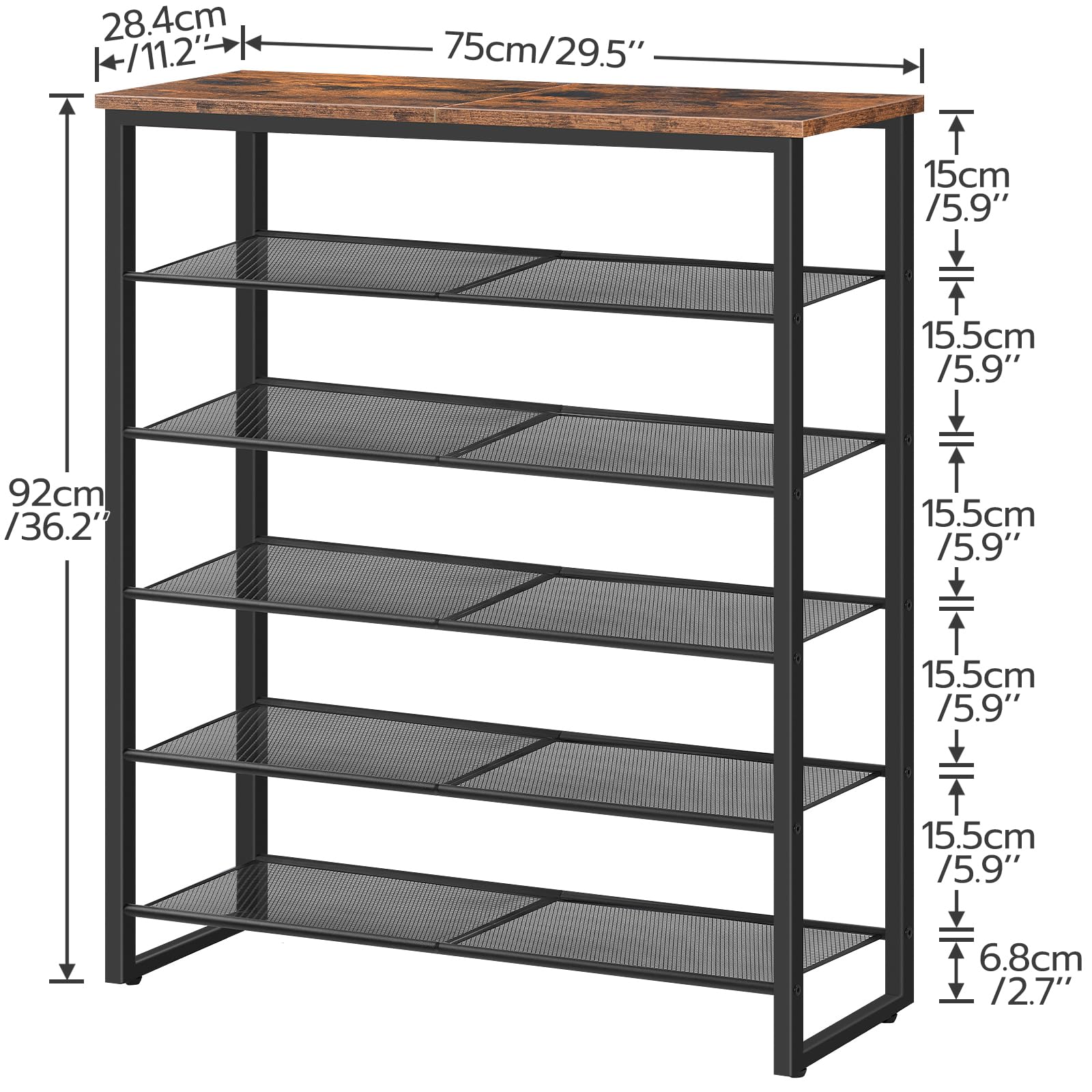HOOBRO 6-tier shoe rack side view highlighting sturdy metal frame and stability