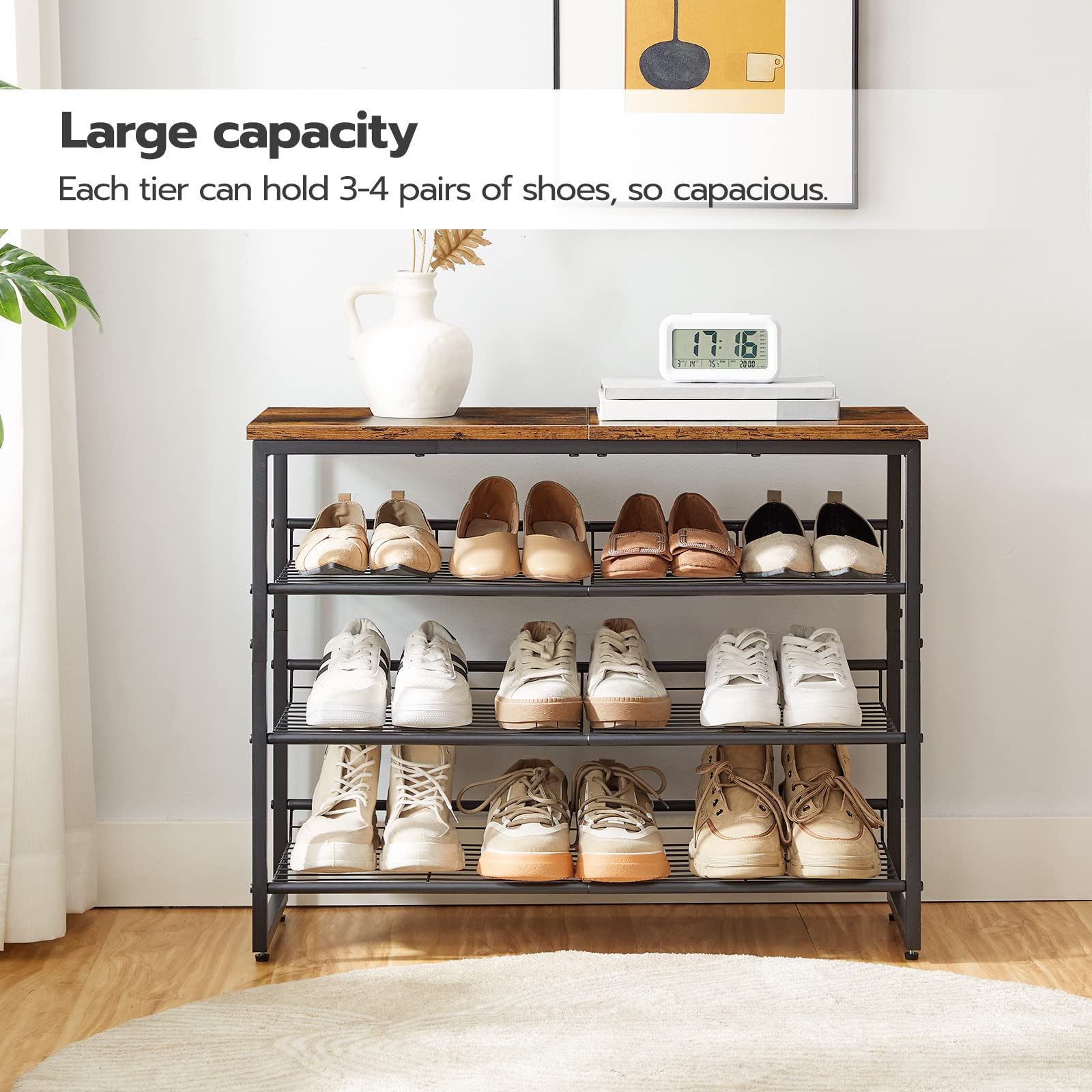 HOOBRO 4-tier shelves can be flat or inclined for different shoes.