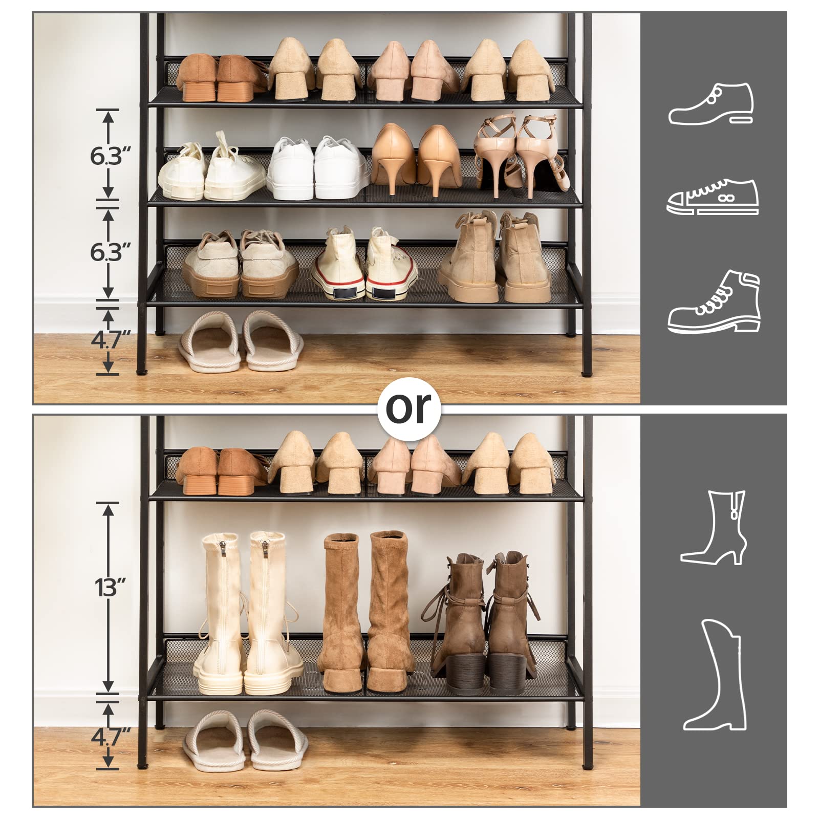HOOBRO shoe rack assembly steps illustrate easy DIY setup