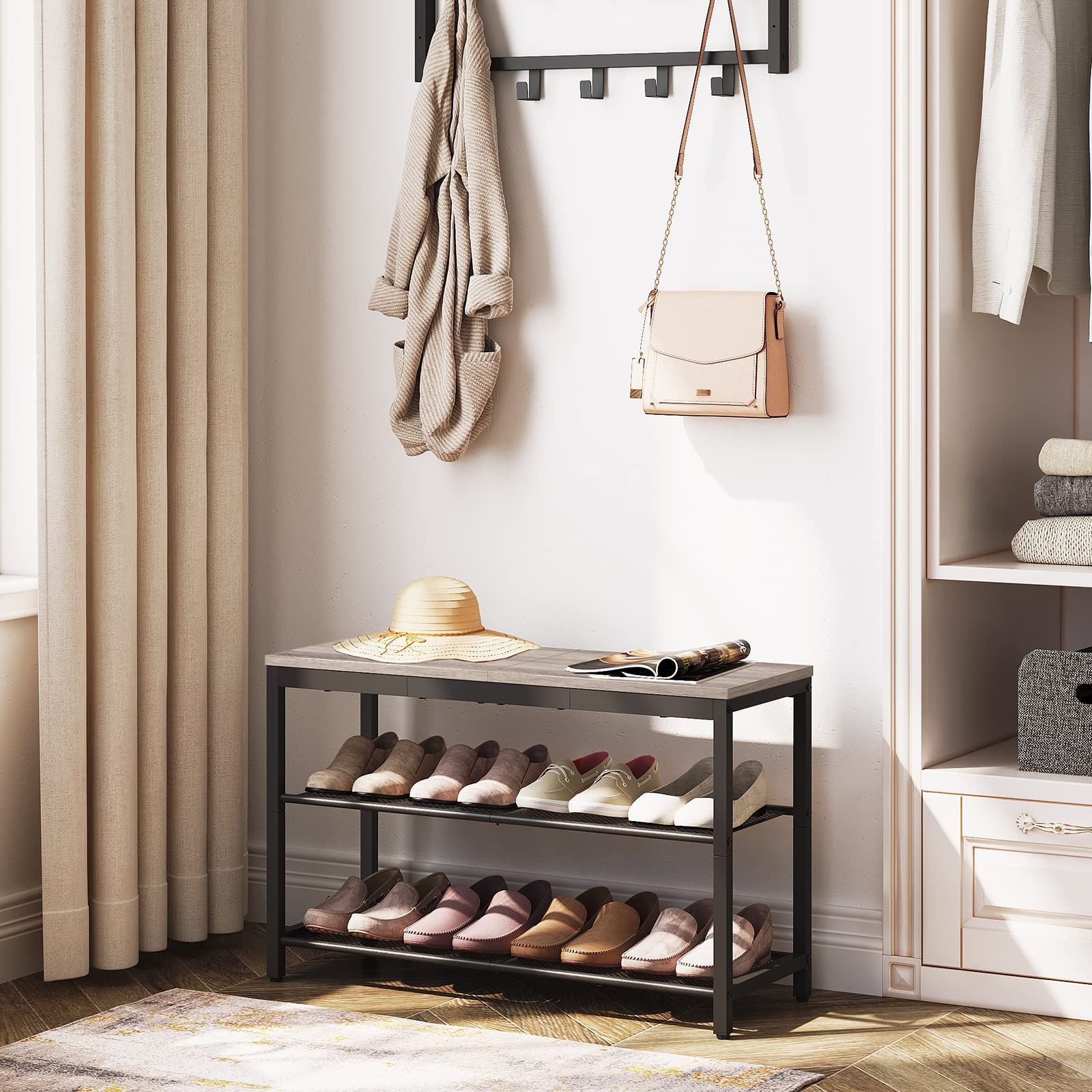 HOOBRO shoe bench industrial design featuring mesh shelves for tidy shoe storage