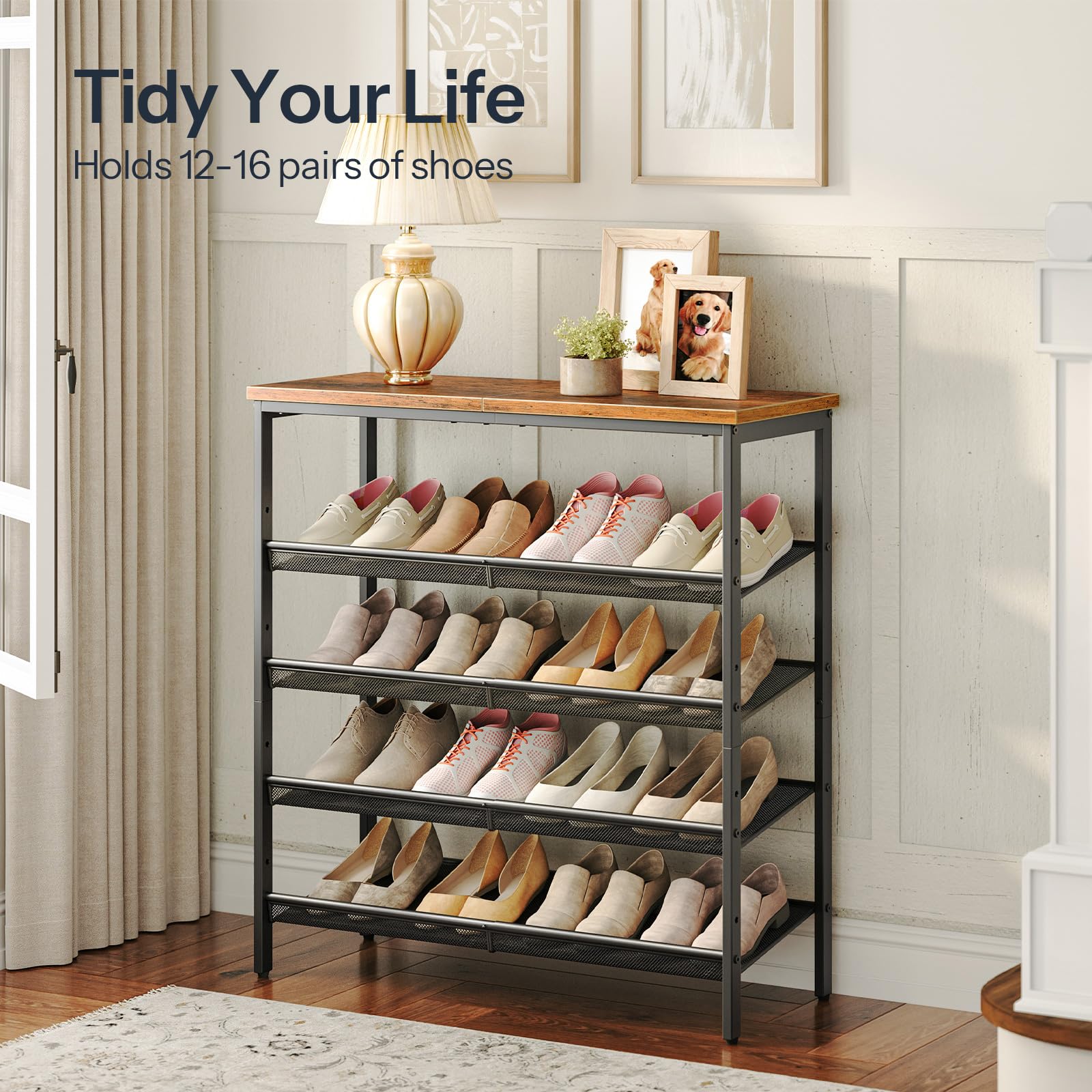 Tiltable mesh shelves adapt to different shoe heights and layouts
