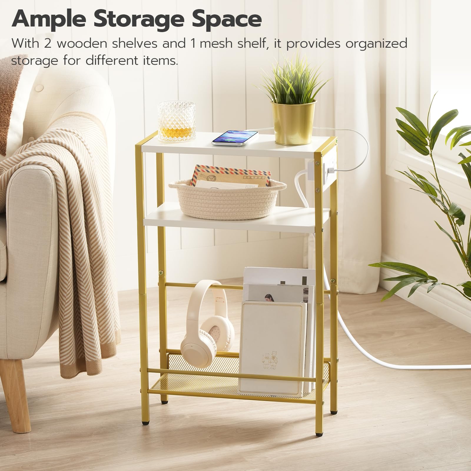 HOOBRO slim end table fits tight spaces, ideal beside sofa for quick access.