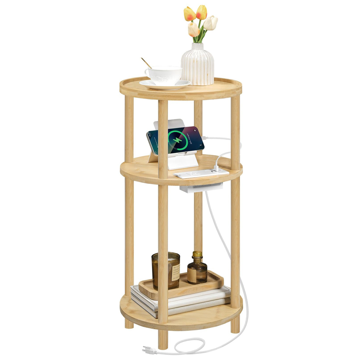 HOOBRO small round side table with charging stations near bed for easy device charging