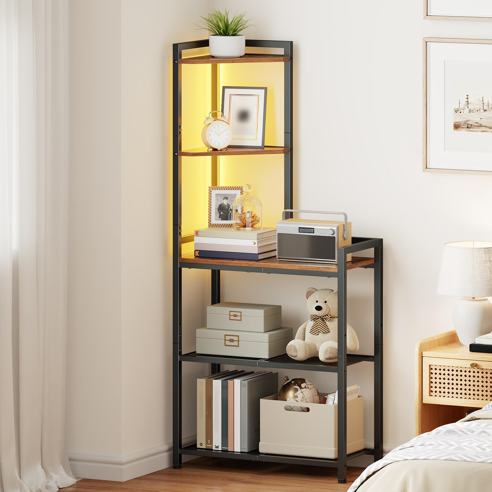 HOOBRO 5-tier corner shelf blends table space with display racks.