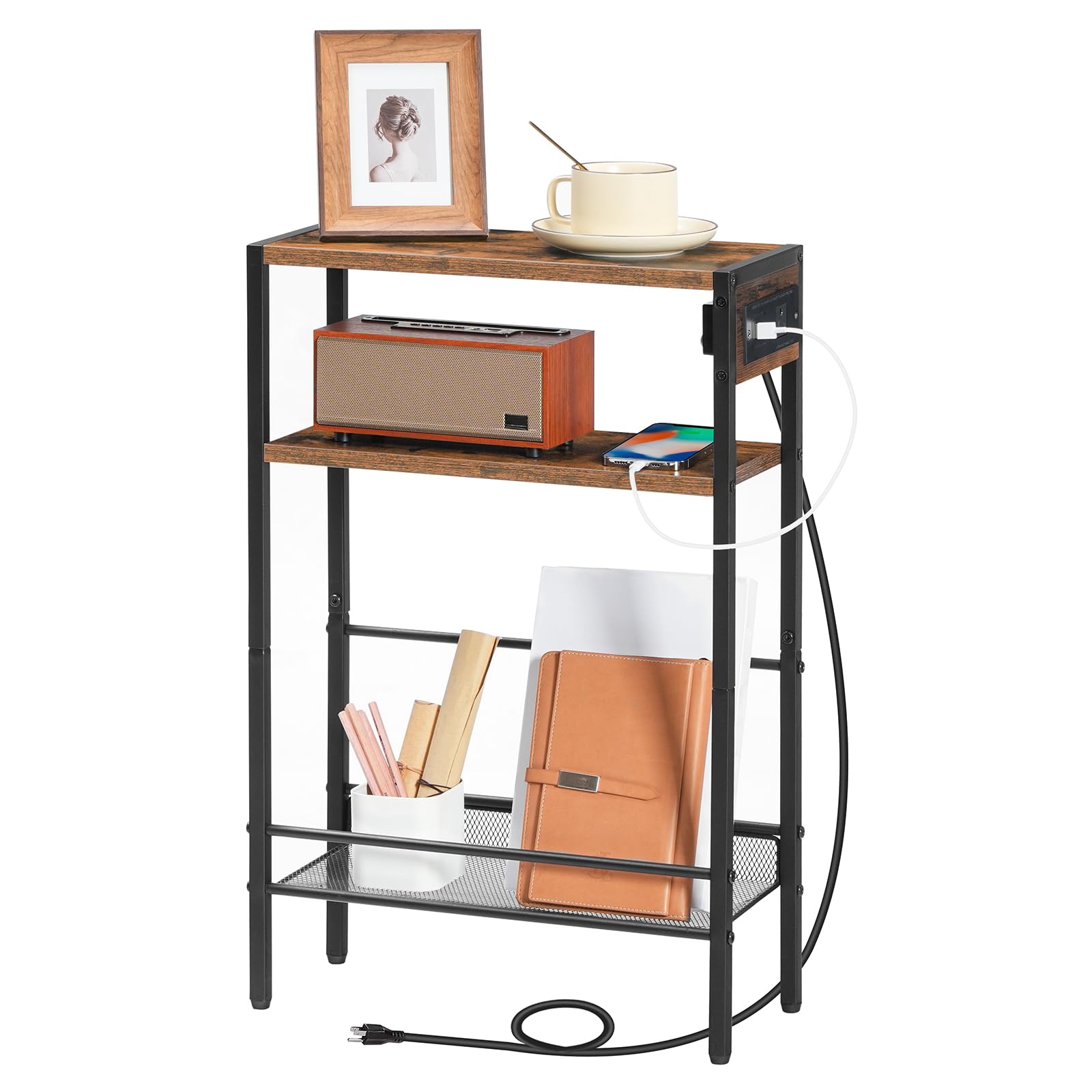 HOOBRO storage and display surface keeps decor near seating area.