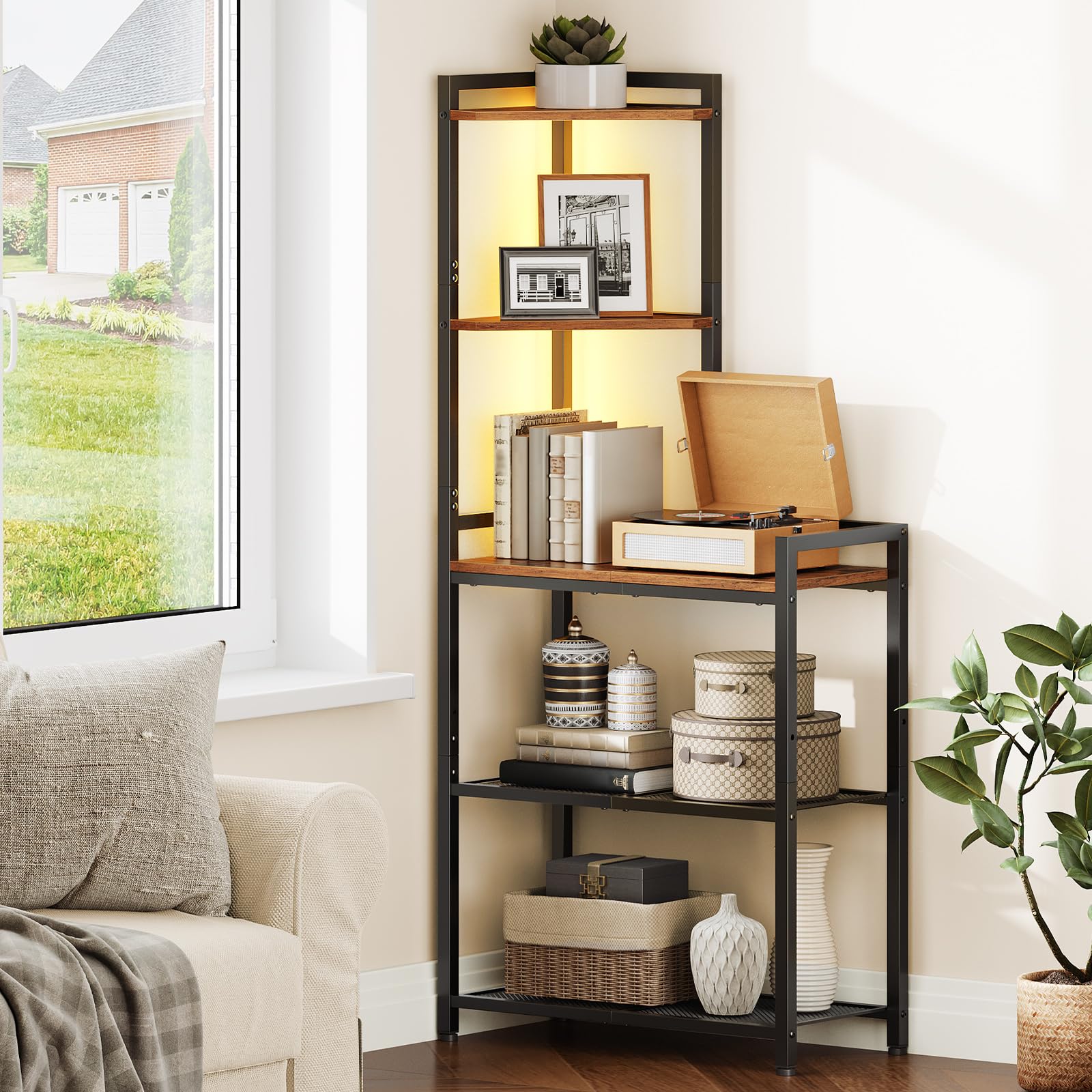HOOBRO corner bookshelf saves space while showcasing plants and photos.