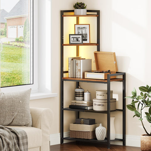 HOOBRO corner bookshelf saves space while showcasing plants and photos.
