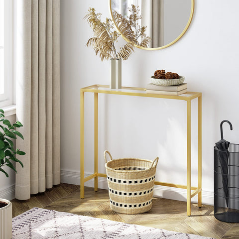 HOOBRO tempered glass entryway table with metal legs for a sleek living area.