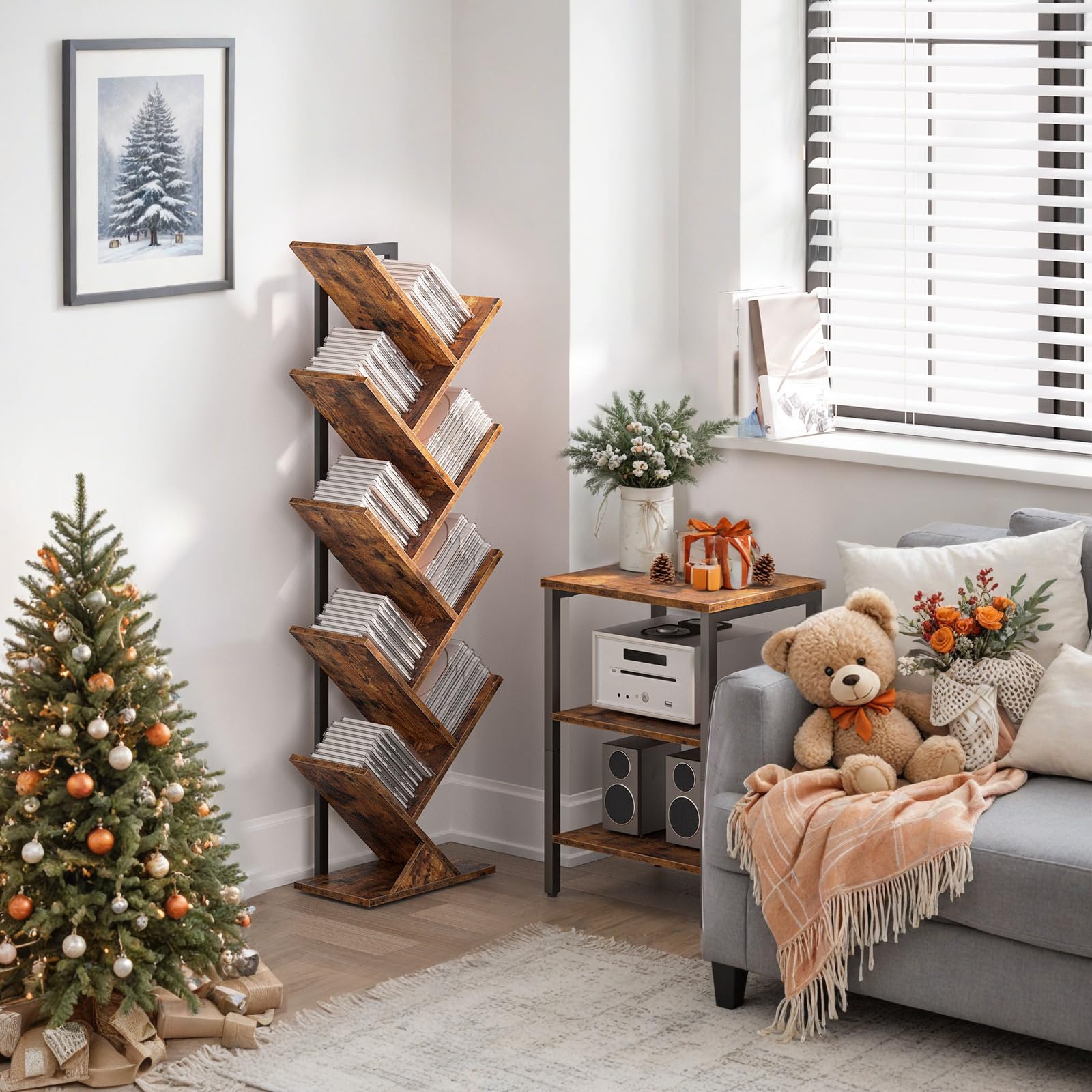 HOOBRO 9-tier wooden bookshelf shown saving space while displaying books.