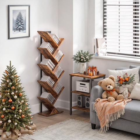 HOOBRO 9-tier wooden bookshelf shown saving space while displaying books.