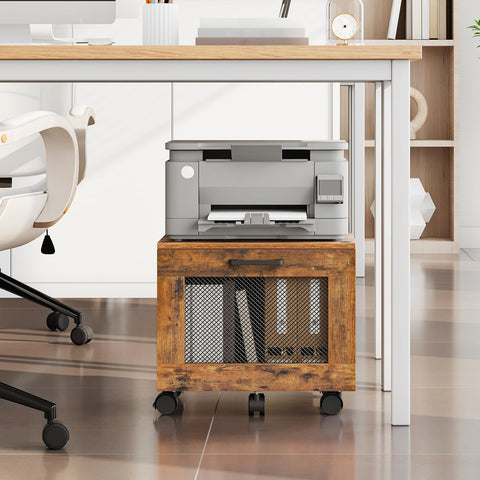 HOOBRO under-desk filing cabinet with rustic brown finish