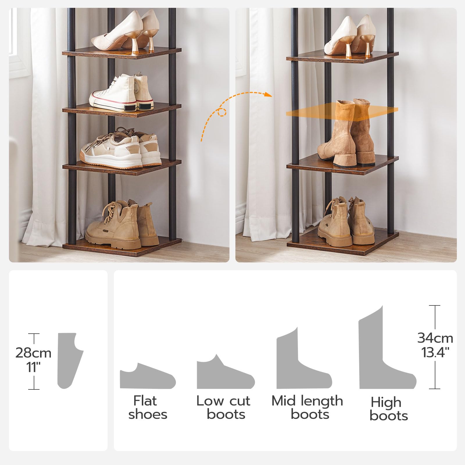HOOBRO vertical shoe rack 8-tier with wood and metal finish