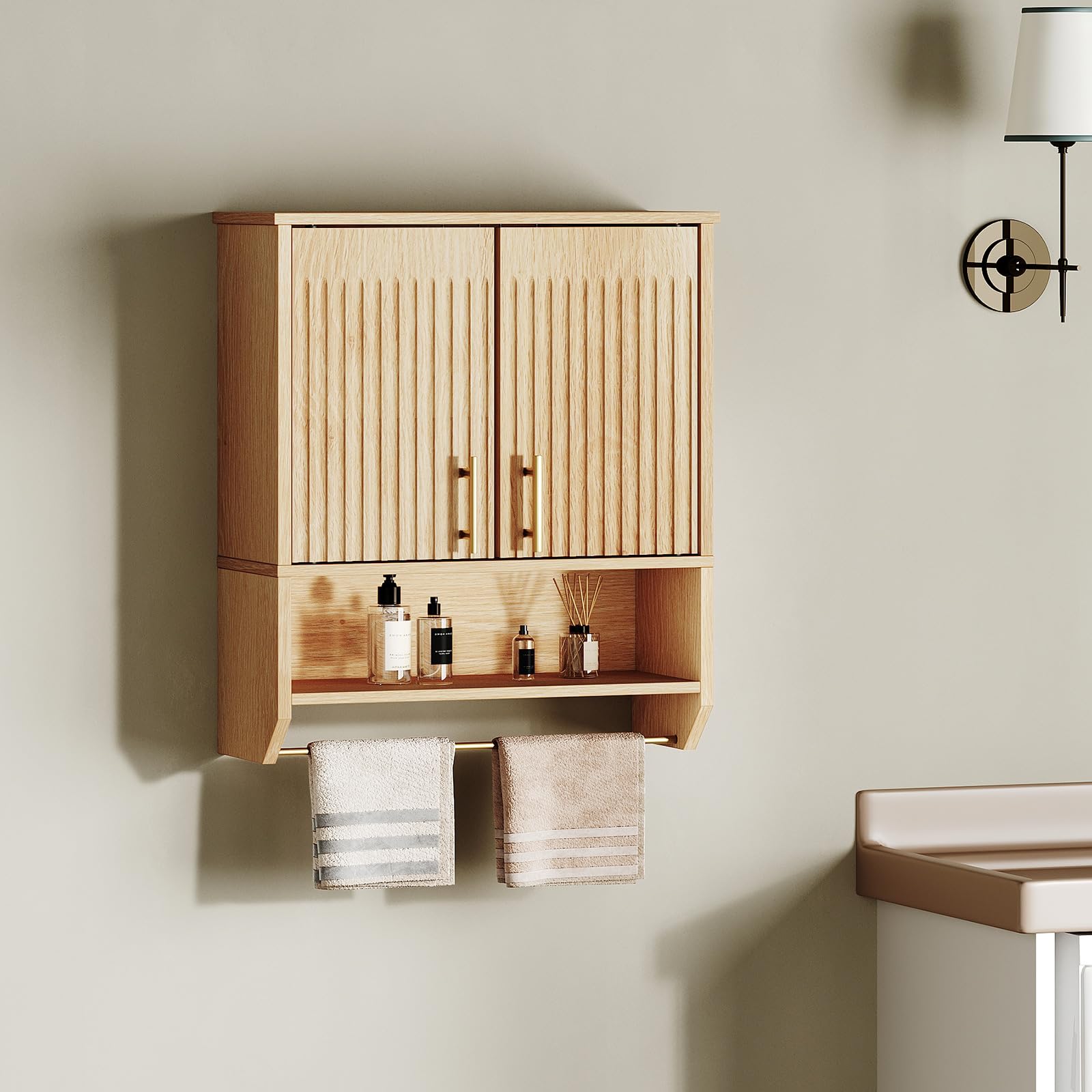 HOOBRO wall-mounted towel rack cabinet keeps towels within easy reach.