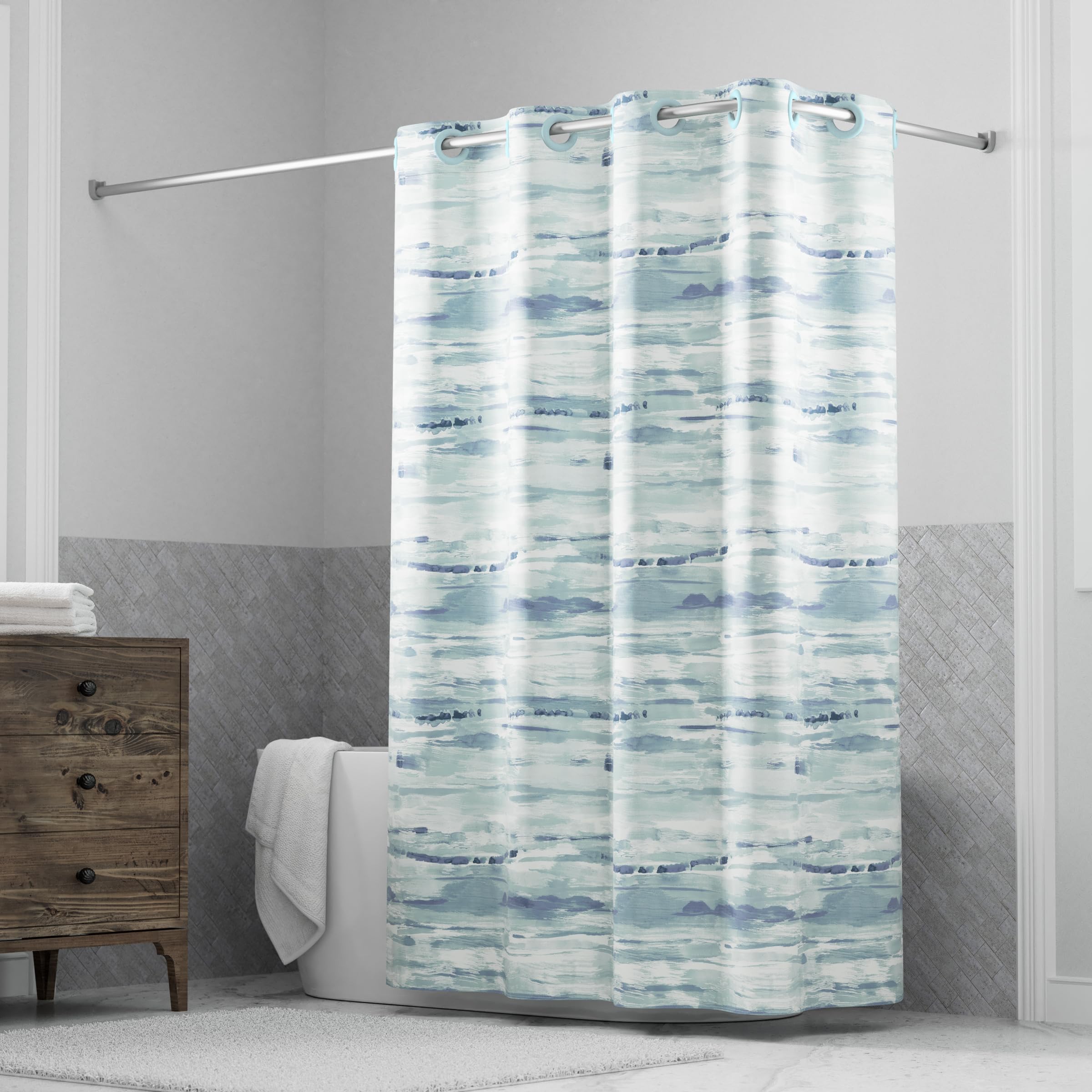 Hookless It's A Snap faux silk shower curtain with watercolor blue print for a fresh bathroom look.