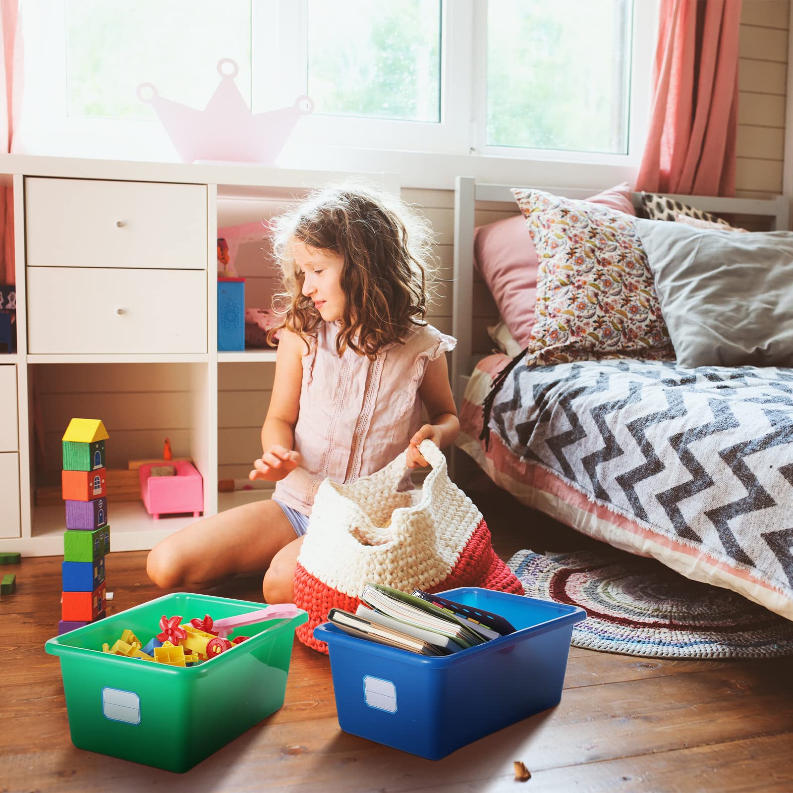 Hoolerry stackable bins maximize shelf space and move easily.
