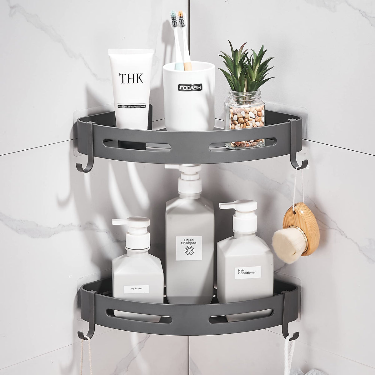 Hoomtaook 2-Tier Corner Shower Shelf with no-drill install for clutter-free corner.