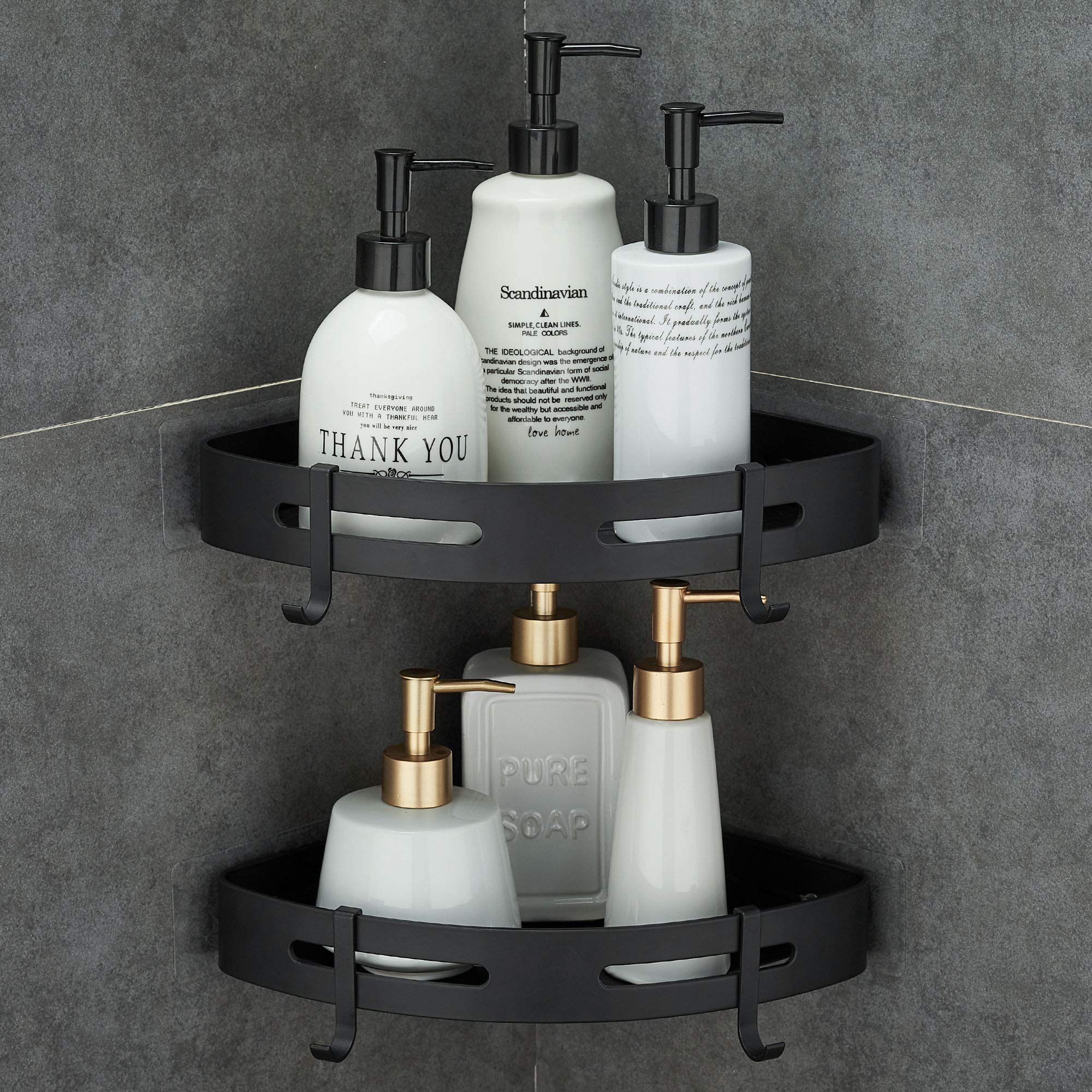 Hoomtaook adhesive corner shelf in bathroom keeps toiletries neatly organized.