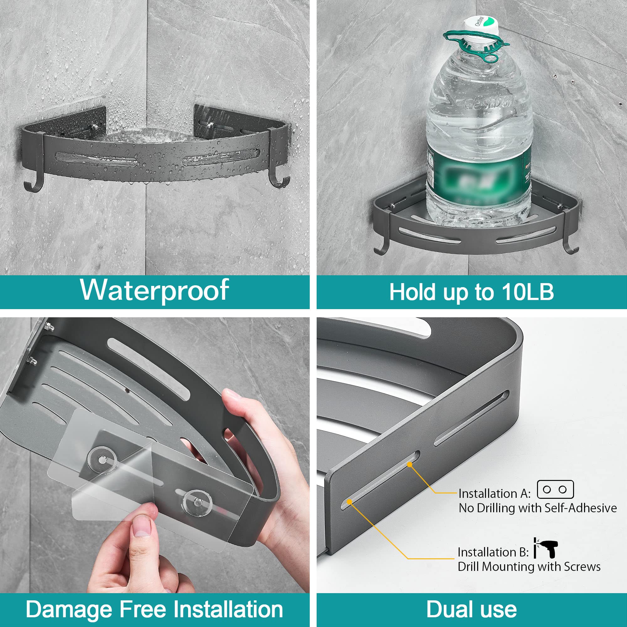 Hoomtaook adhesive corner shelf on smooth surfaces for durable bathroom storage.