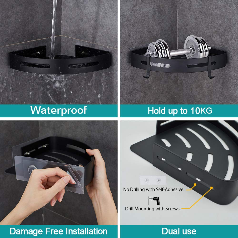 Hoomtaook shower caddy with drill-free installation saves wall space.