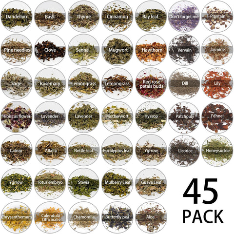 HOOMUU 45-bottle glass herb set supports versatile spellwork and altar crafting.