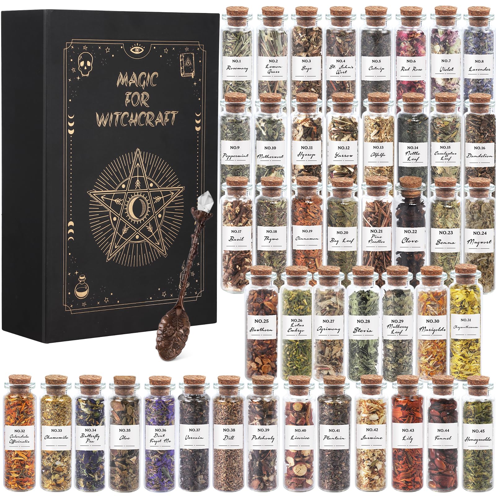 HOOMUU Witchcraft Herbs collection box with diverse botanicals for ritual preparation.