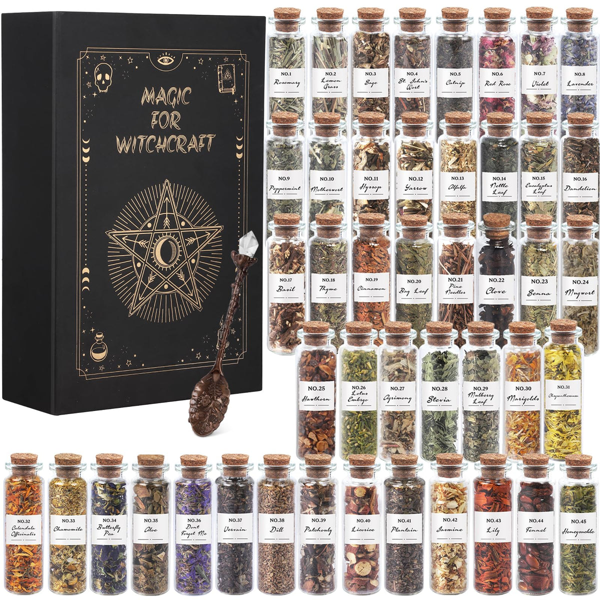 HOOMUU Witchcraft Herbs collection box with diverse botanicals for ritual preparation.