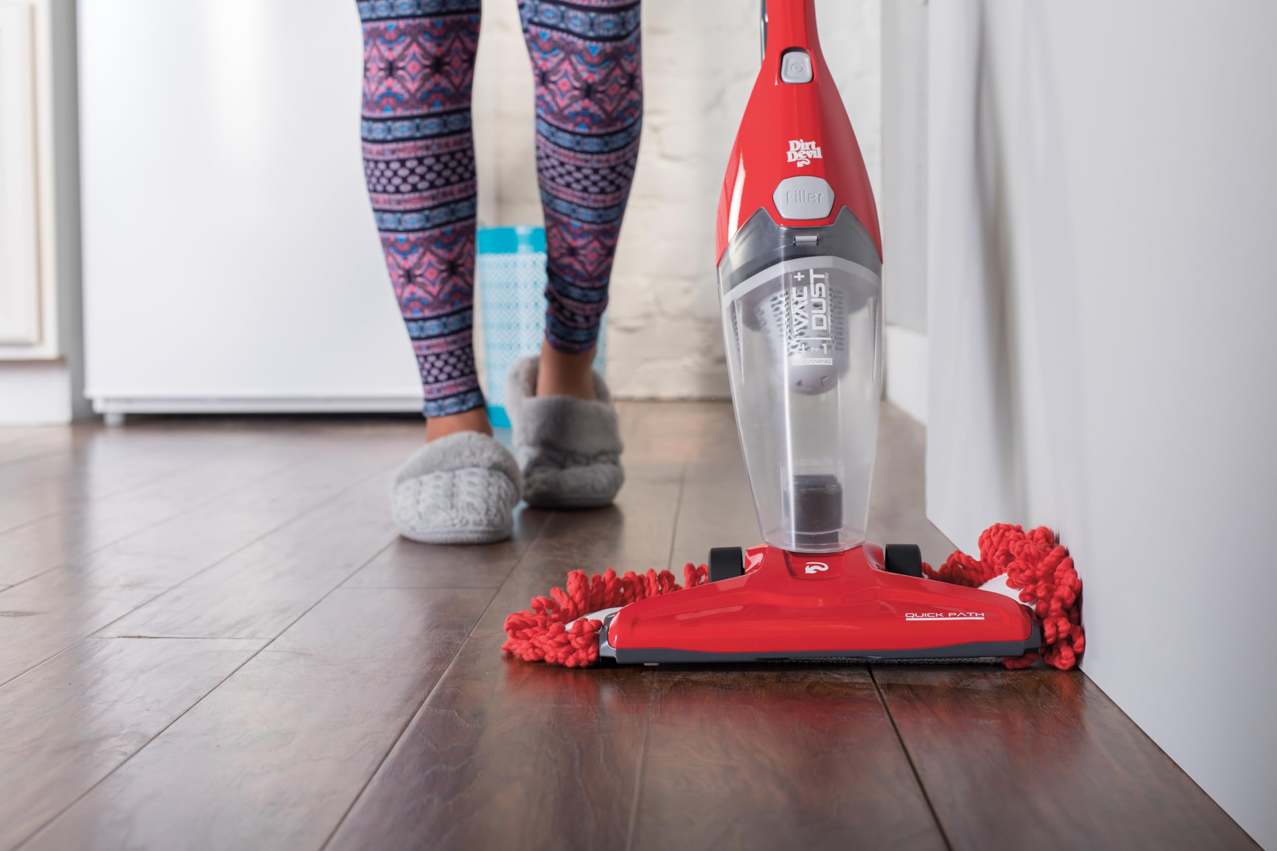 Hoover Dirt Devil Simpli Stik Plus dust-and-crumbs cleanup on furniture.