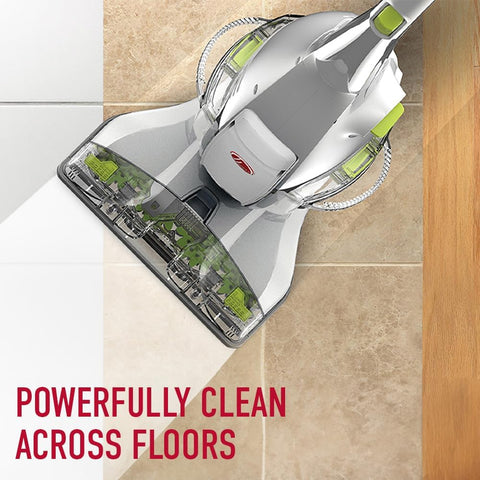 Hoover FloorMate Deluxe spin-scrub brushes in action for deep, safe scrubbing on sealed floors