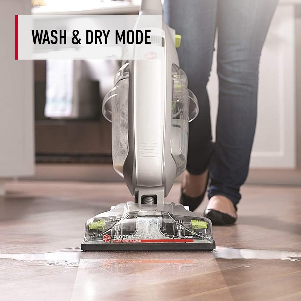 Hoover FloorMate Deluxe wash mode demonstrates active cleaning while lifting moisture