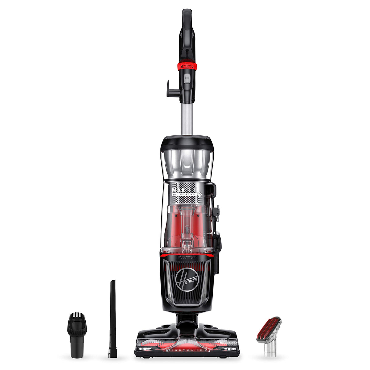 Hoover MaxLife Pro Pet Swivel front view shows strong suction for carpets and hard floors.