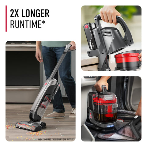 Hoover ONEPWR battery being swapped to maintain uninterrupted cordless cleaning.