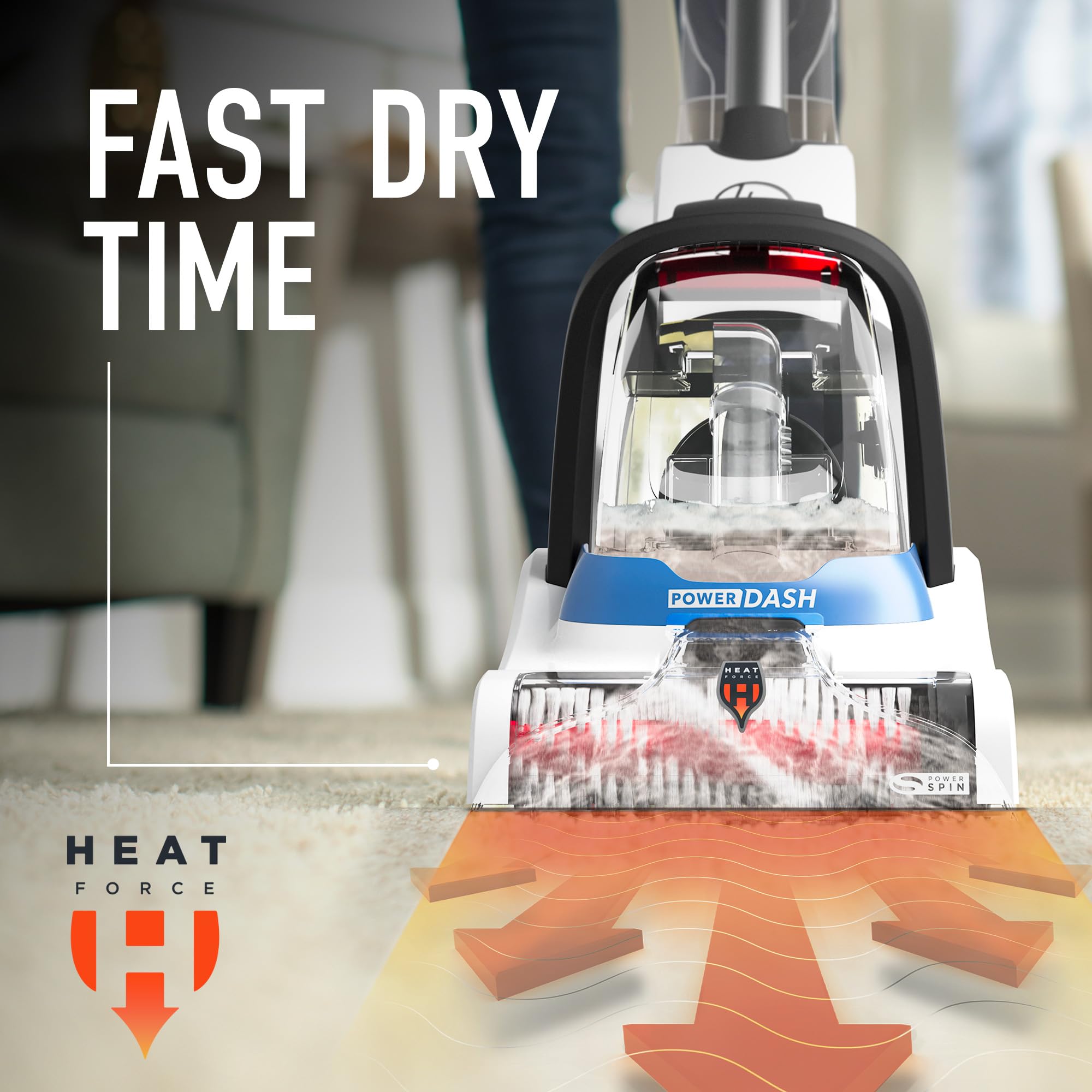 Hoover PowerDash HeatForce drying visualization shows fast carpet drying in rooms