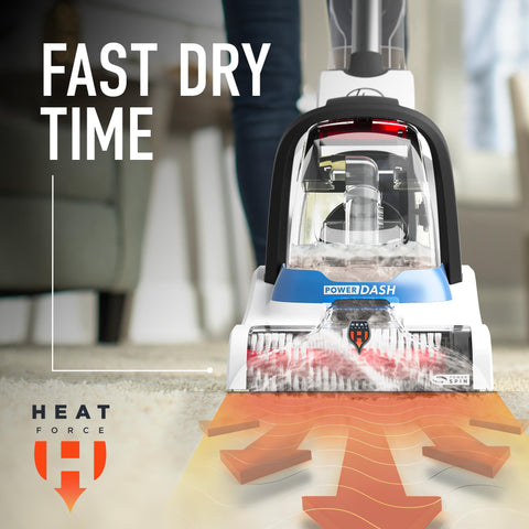 Hoover PowerDash HeatForce drying visualization shows fast carpet drying in rooms