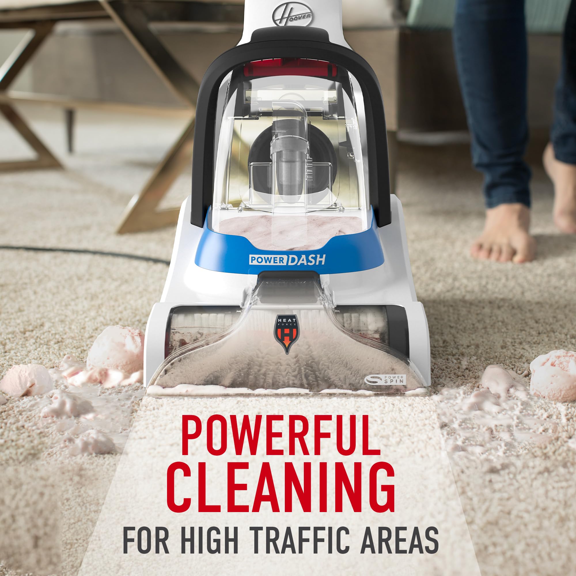 Hoover PowerDash Pet brush roll close-up highlights odor protection for pet messes