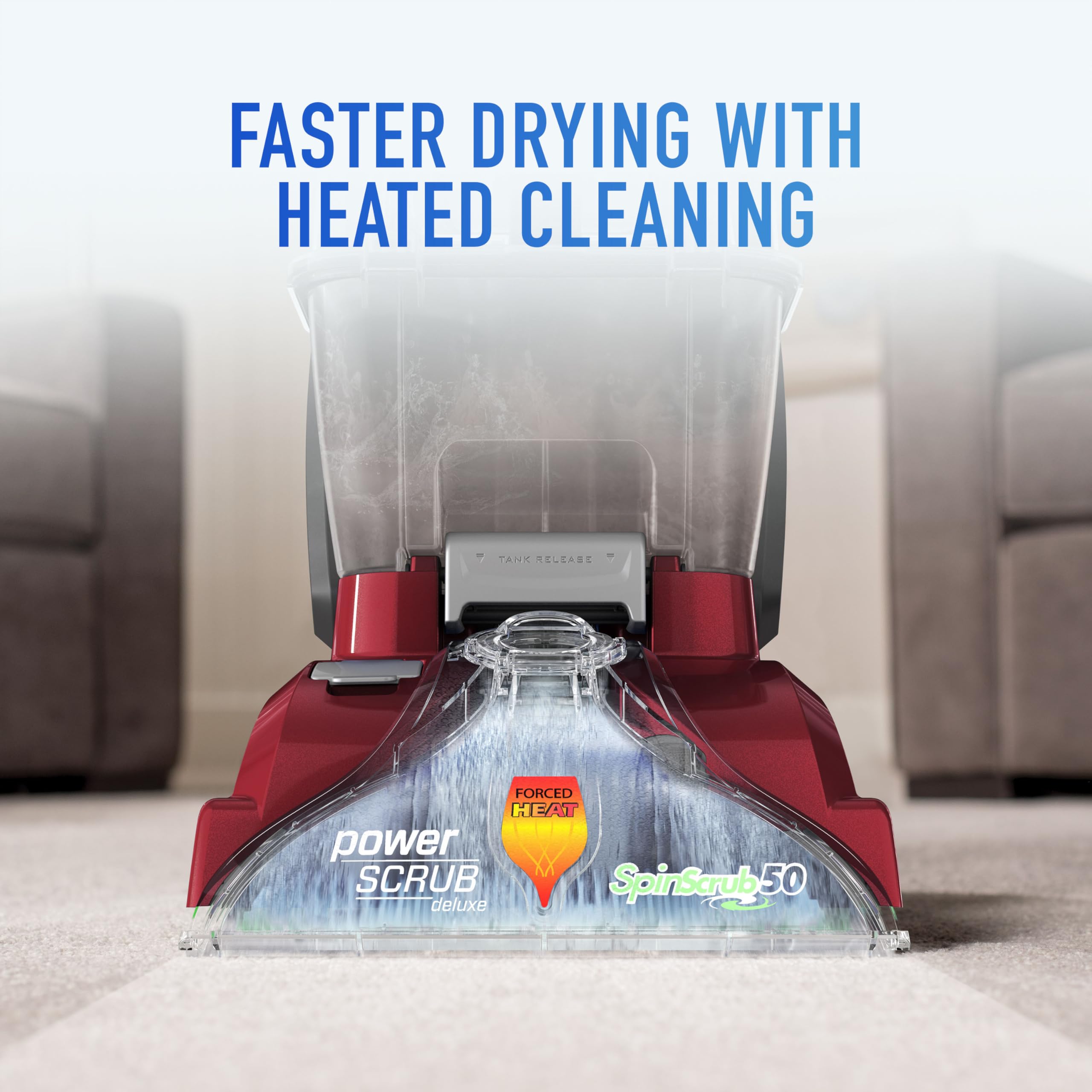 Hoover PowerScrub Deluxe HeatForce drying speeds carpet-to-dry time for a quicker clean.