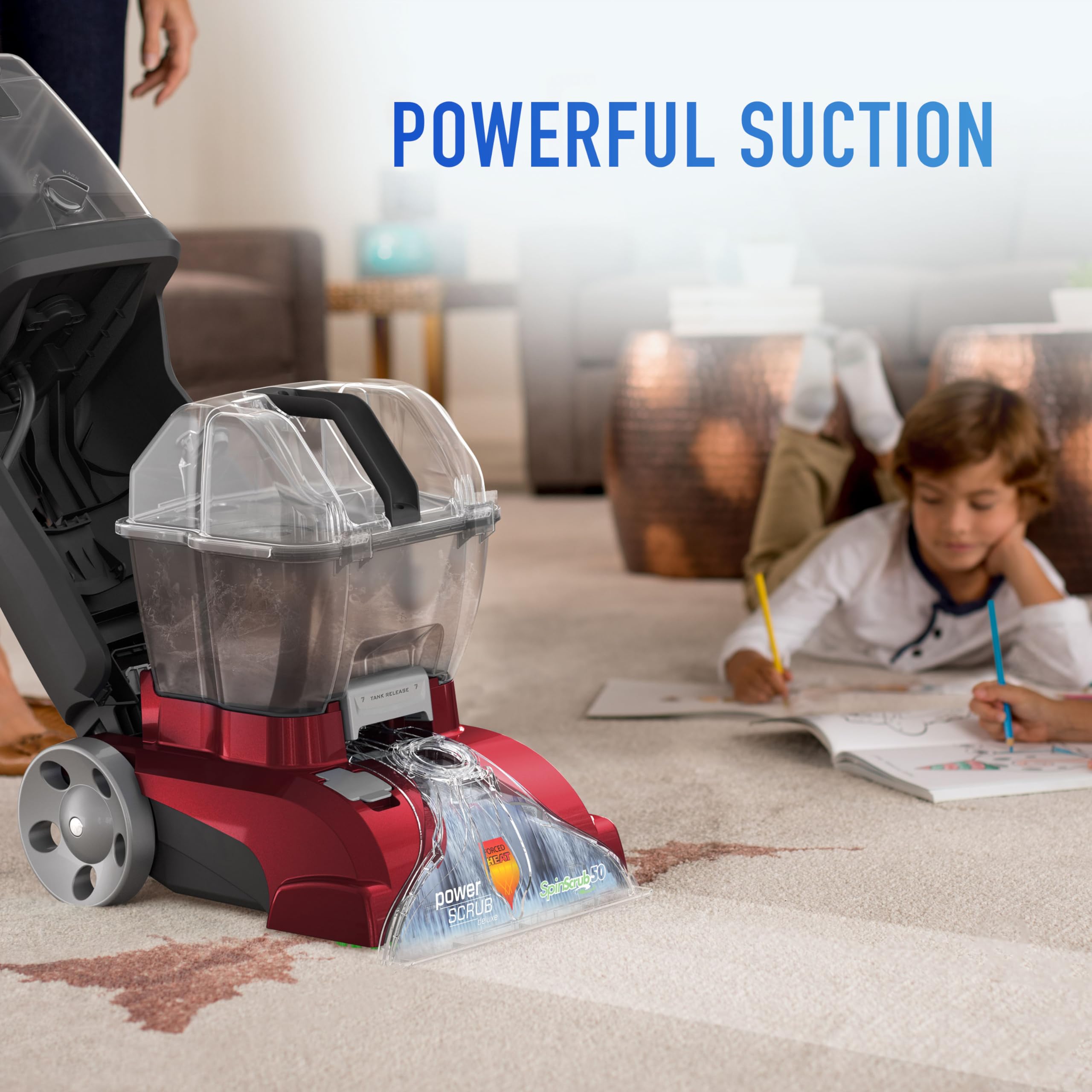 Hoover PowerScrub Deluxe spin-scrub brushes remove deep stains with multi-angle agitation.