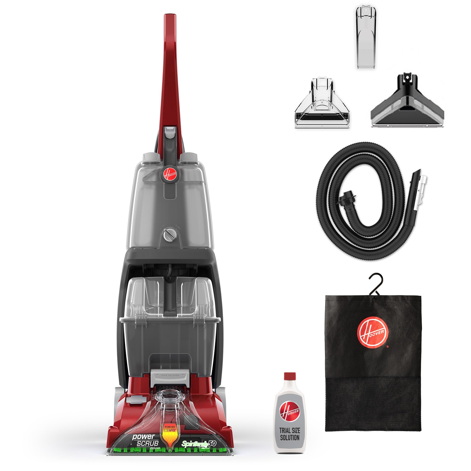 Hoover PowerScrub Deluxe unit top view highlights dual tanks for clean, refreshed carpets.