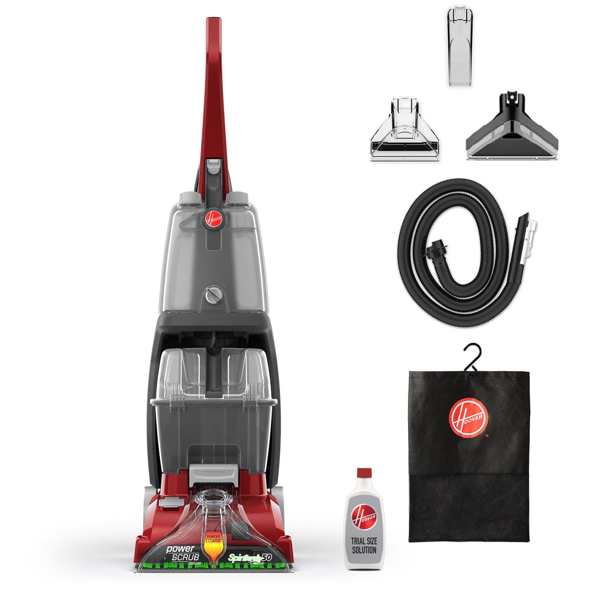 Hoover PowerScrub Deluxe unit top view highlights dual tanks for clean, refreshed carpets.