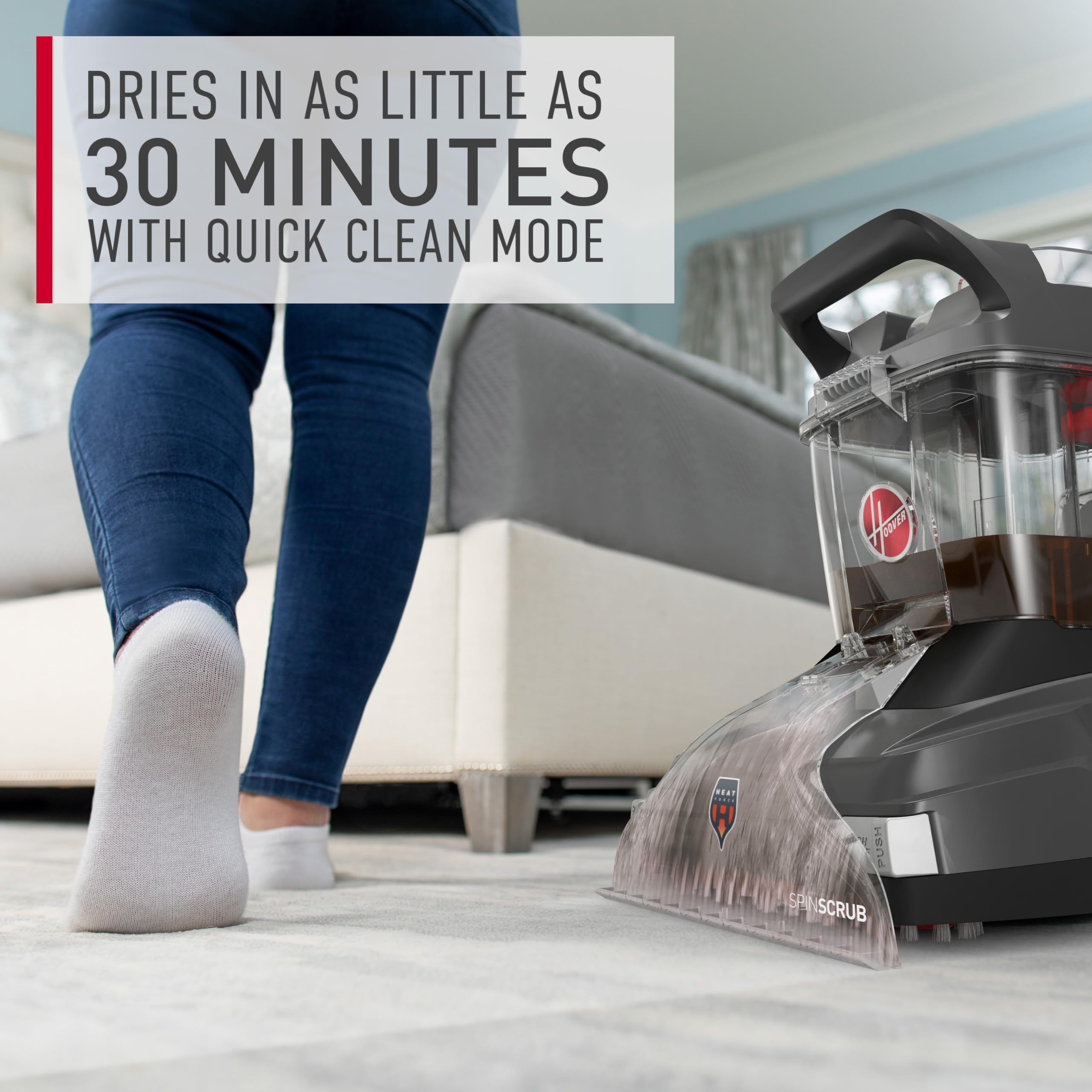 Hoover PowerScrub XL Pet upholstery tool cleans fabrics gently yet effectively.