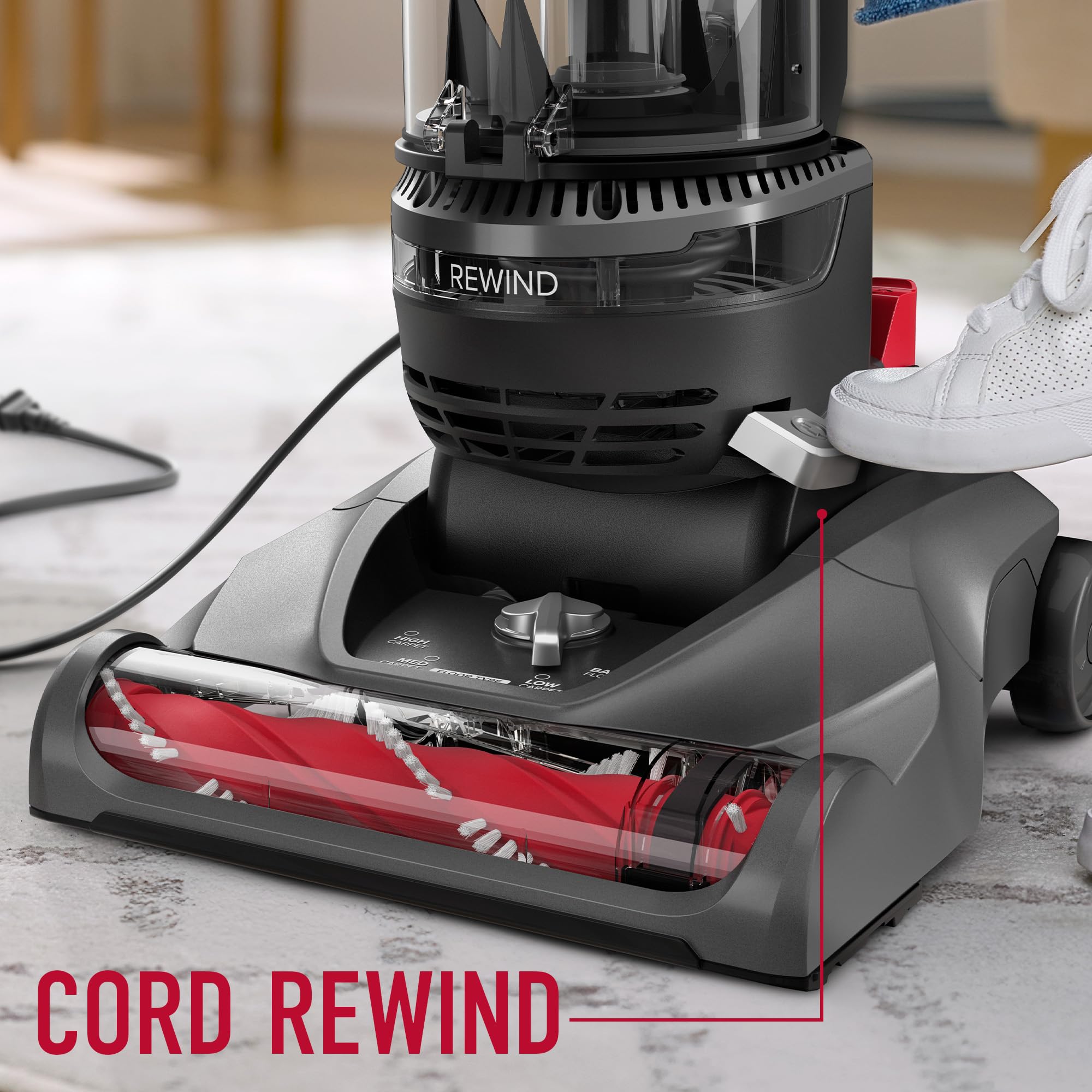 Hoover Rewind Pet extension wand reaches above-floor areas.