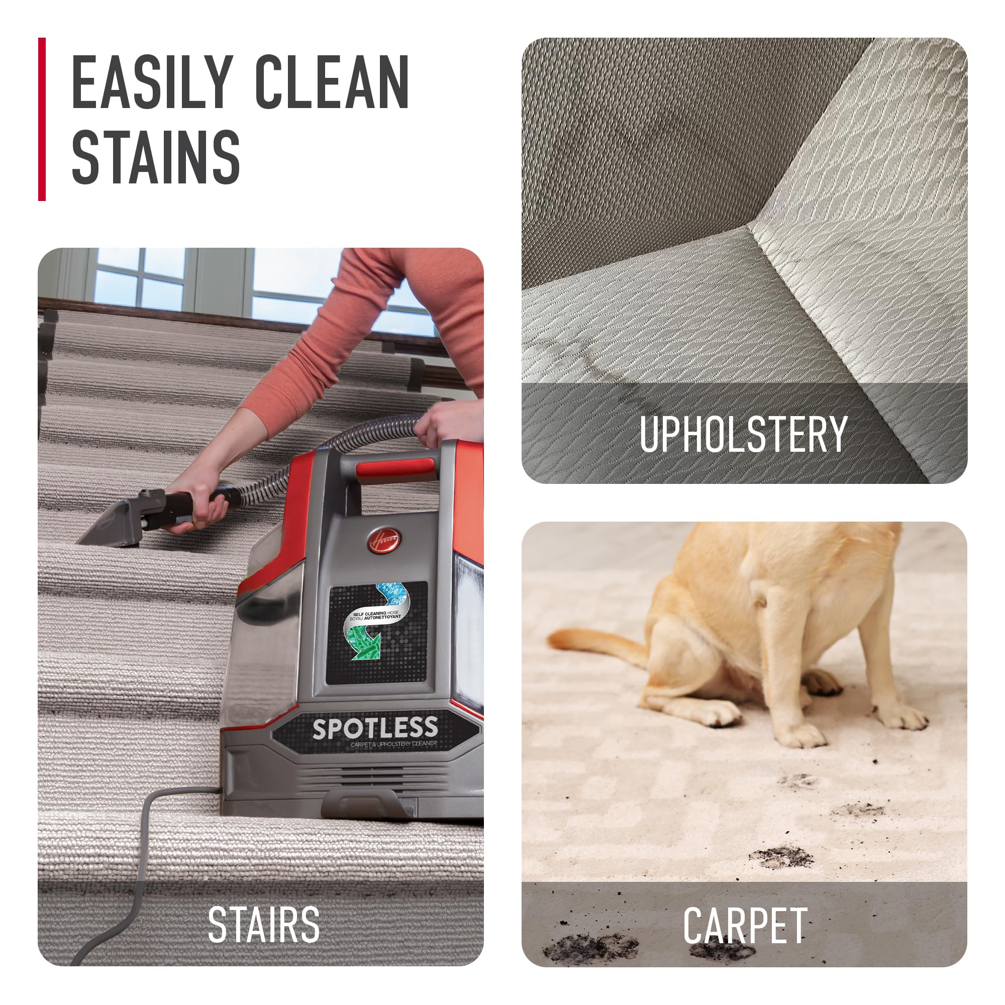 Hoover Spotless pet mess removal helps lift stains from carpets and upholstery