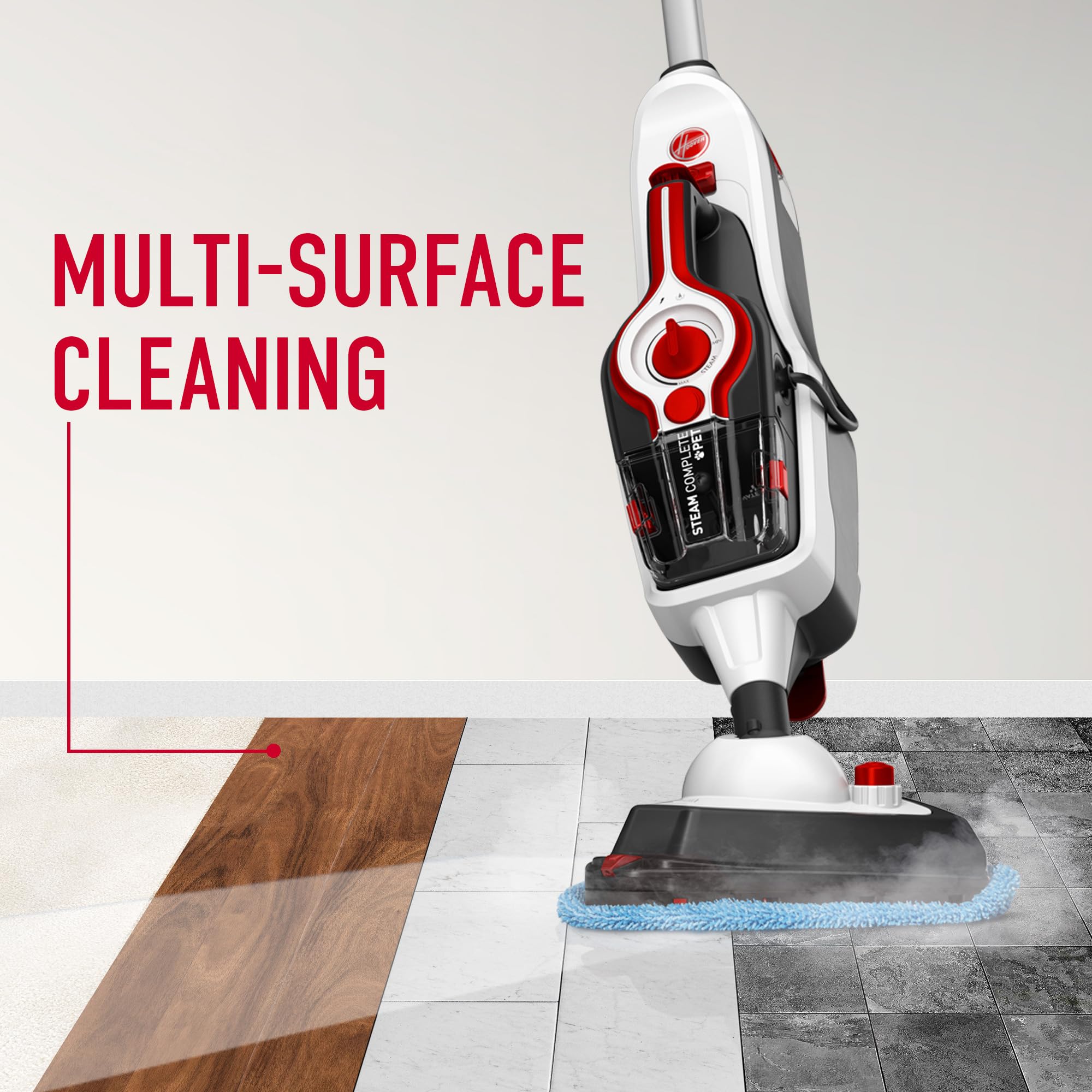 Hoover Steam Complete Pet Steam Mop transforms into a handheld steamer for tight corners.