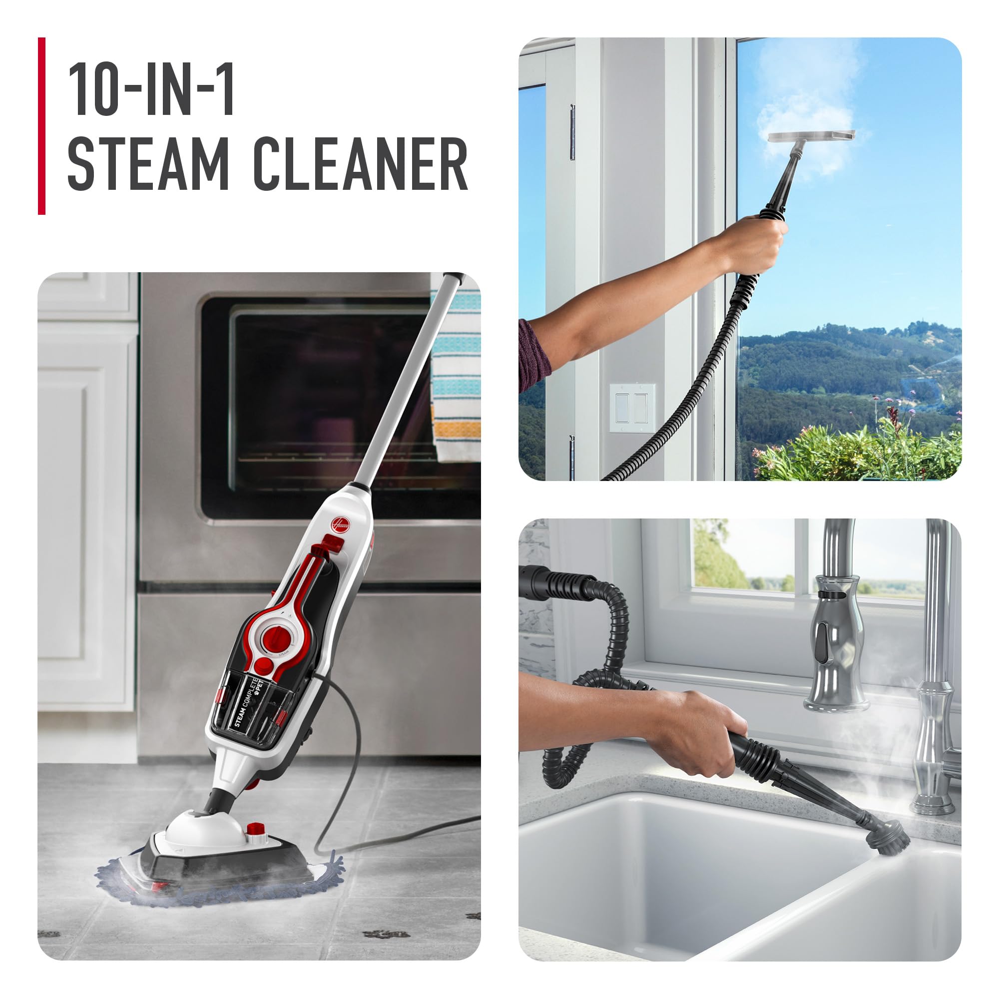 Hoover Steam Complete Pet Steam Mop uses SteamStream technology to tackle messes with hot steam.