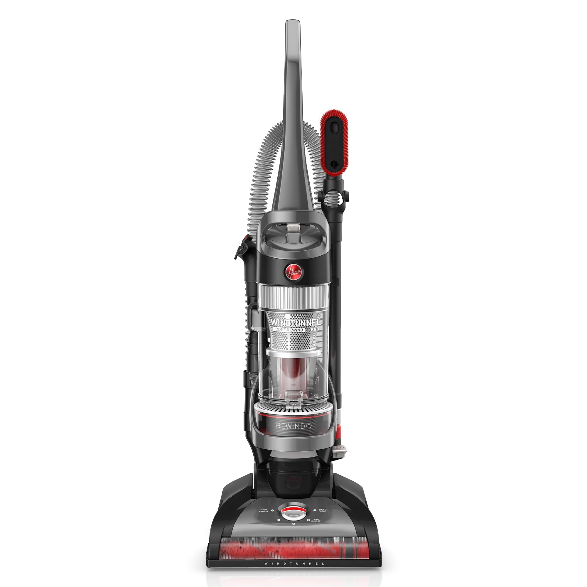 Hoover WindTunnel Cord Rewind Pro front view, ideal for carpet and hard floor cleaning