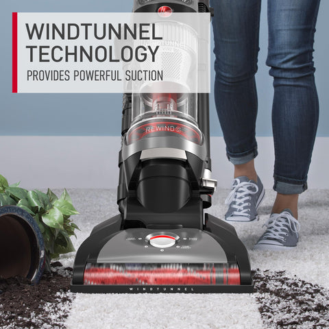 Hoover WindTunnel Cord Rewind Pro side view shows durable upright design