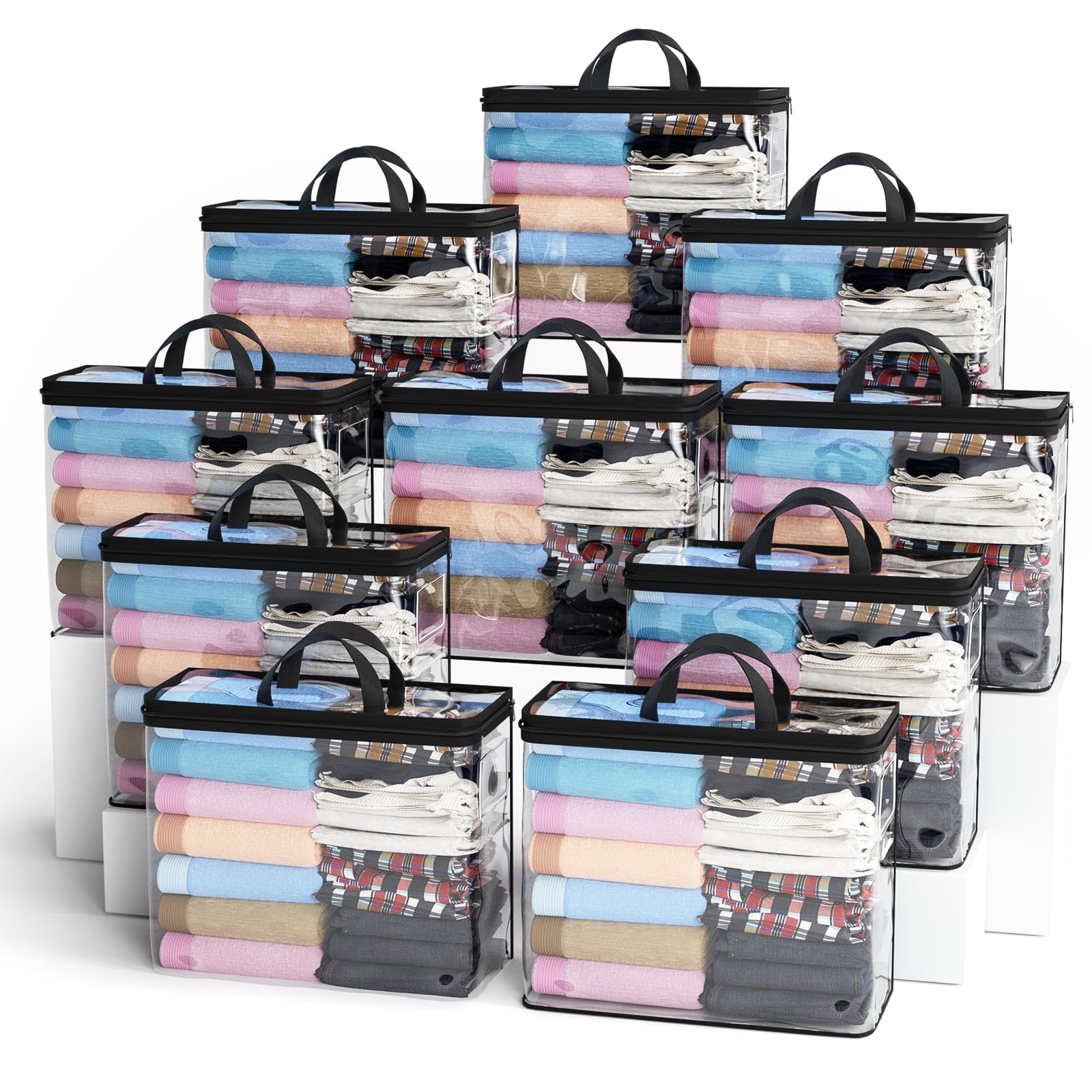 Hopack 22L under-bed storage bags stacked to maximize closet space.