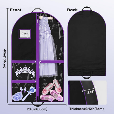 Hopack dance garment bag with three pockets keeps accessories organized for performances.