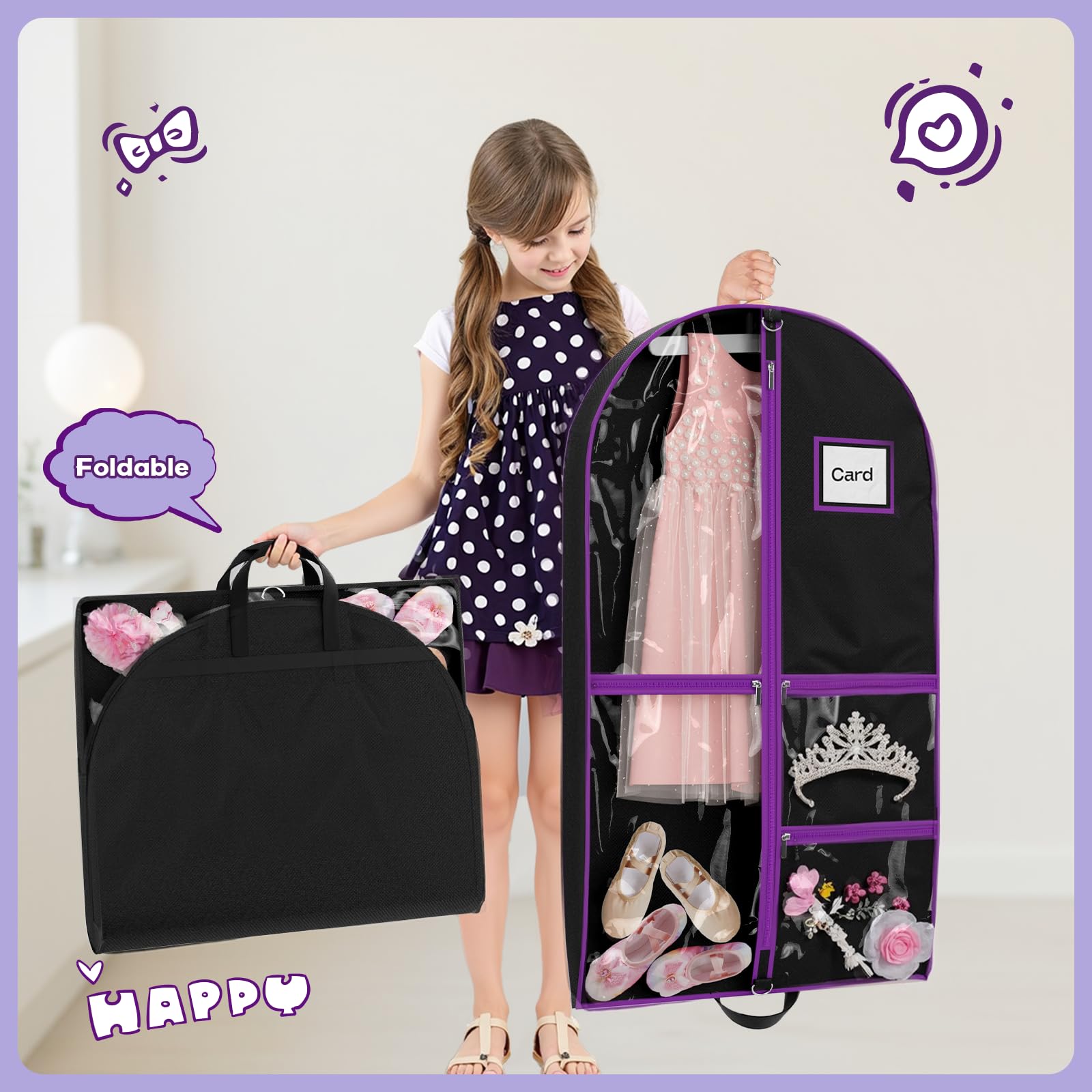 Hopack garment bag with ID pocket for name tags and checklists.