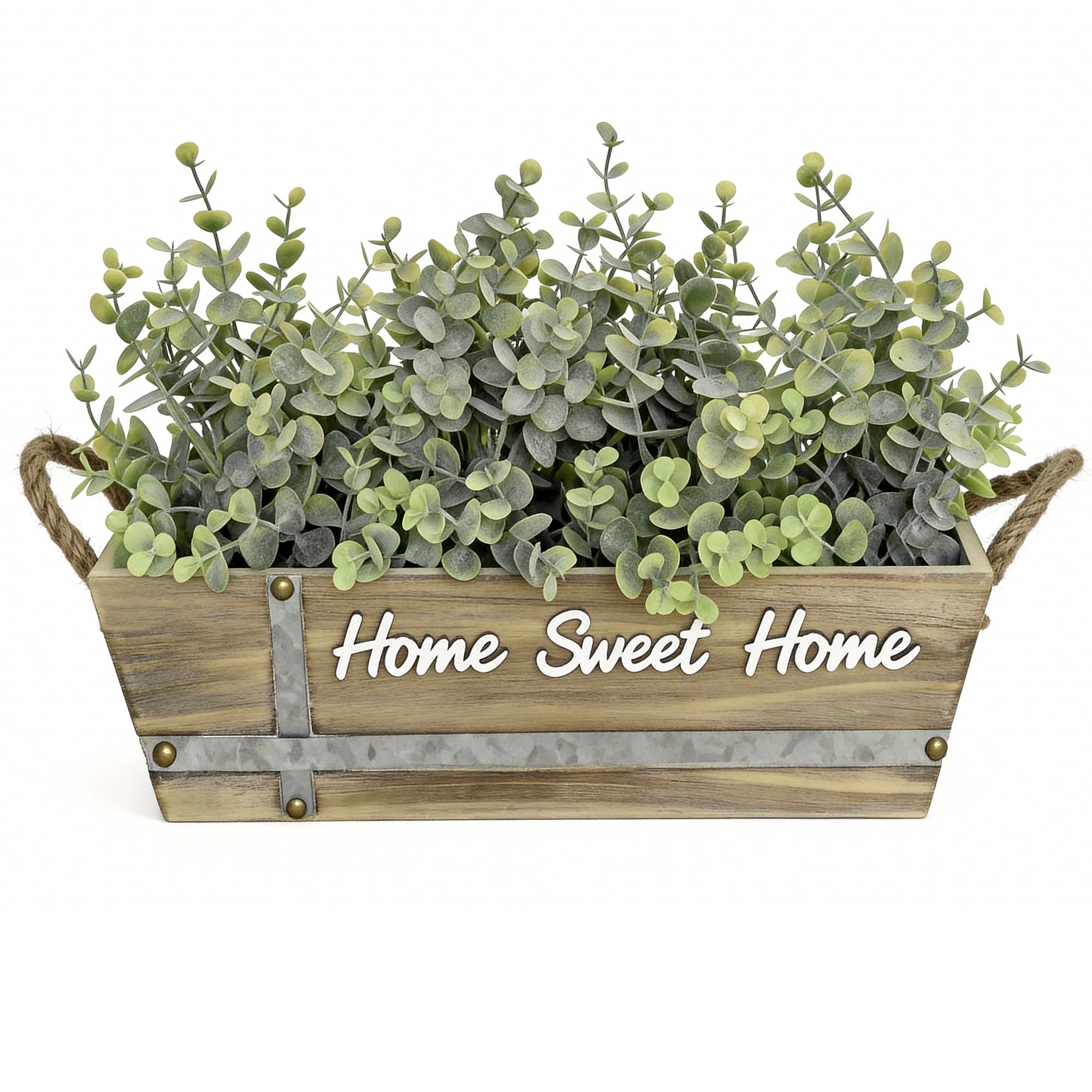 Hopeme artificial eucalyptus centerpiece in a wooden box adds rustic table charm.
